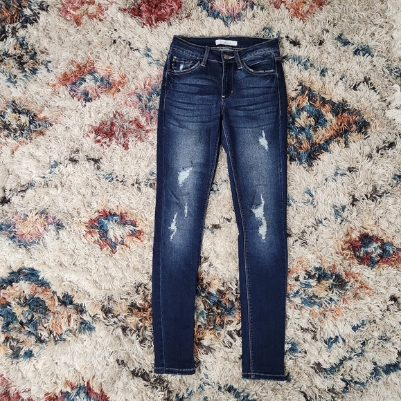 Kancan Holly Skinny Jeans Mid Rise Stretchy Denim Distressed Casual Dark Wash - Picture 4 of 11